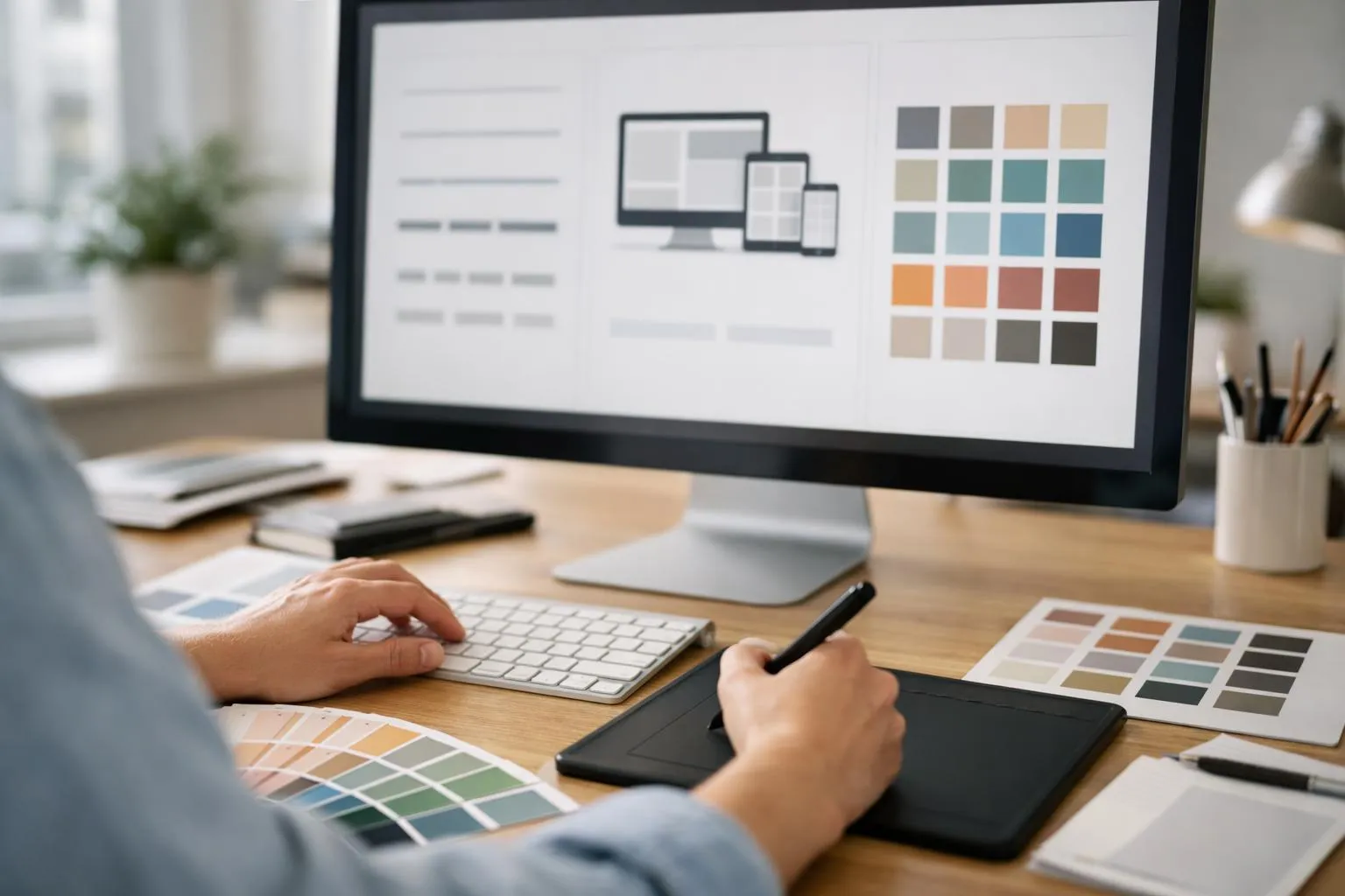 Bureau de designer avec ordinateur et palette de couleurs.