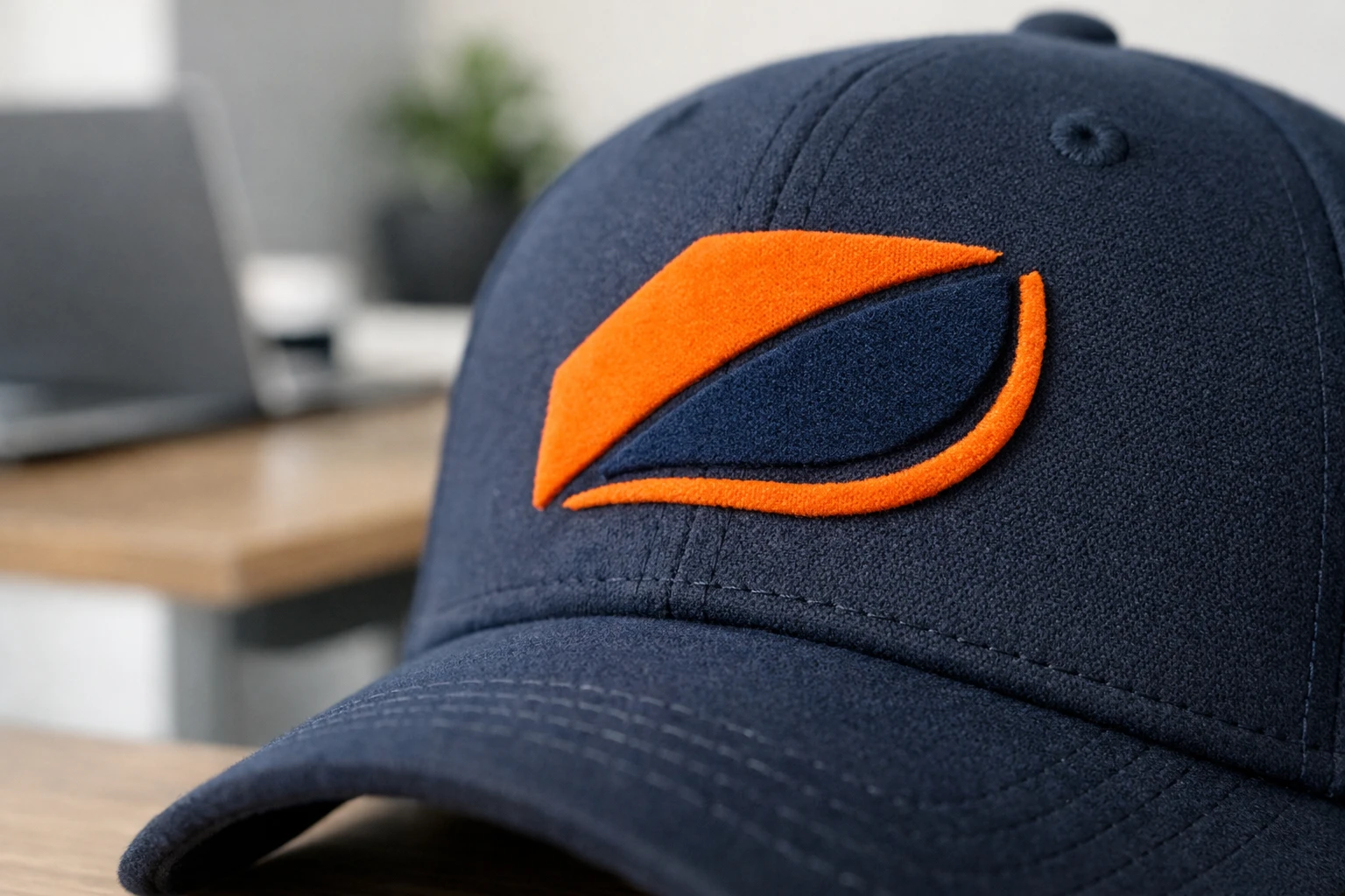 Close-up detail of premium flocked corporate logo on business cap showing raised velvet texture and professional finish, business executive wearing cap in modern office environment, shallow depth of field emphasizing tactile quality
