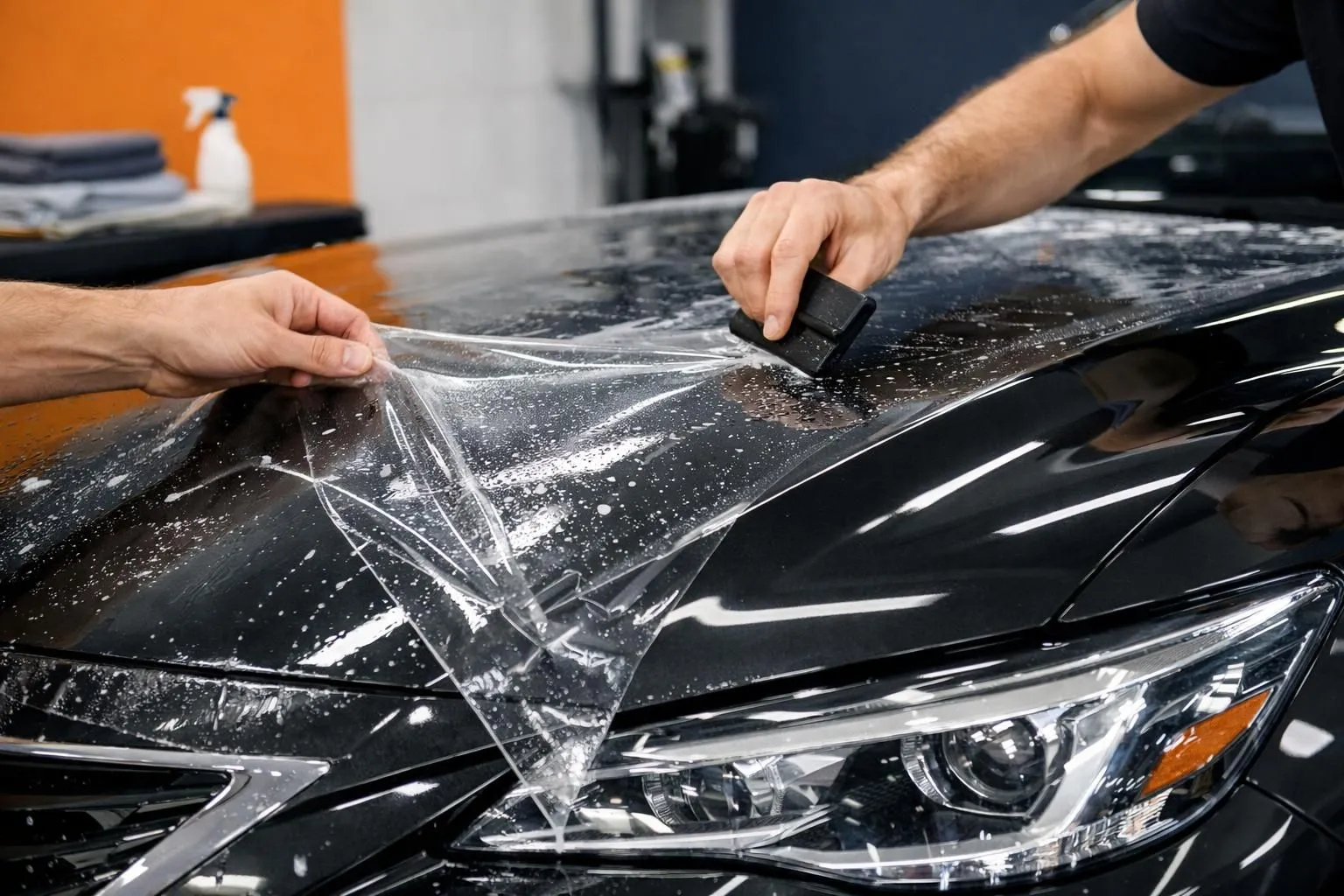 Close-up of transparent protective film being applied to luxury car hood, showing glossy finish and professional installation process in professional workshop setting