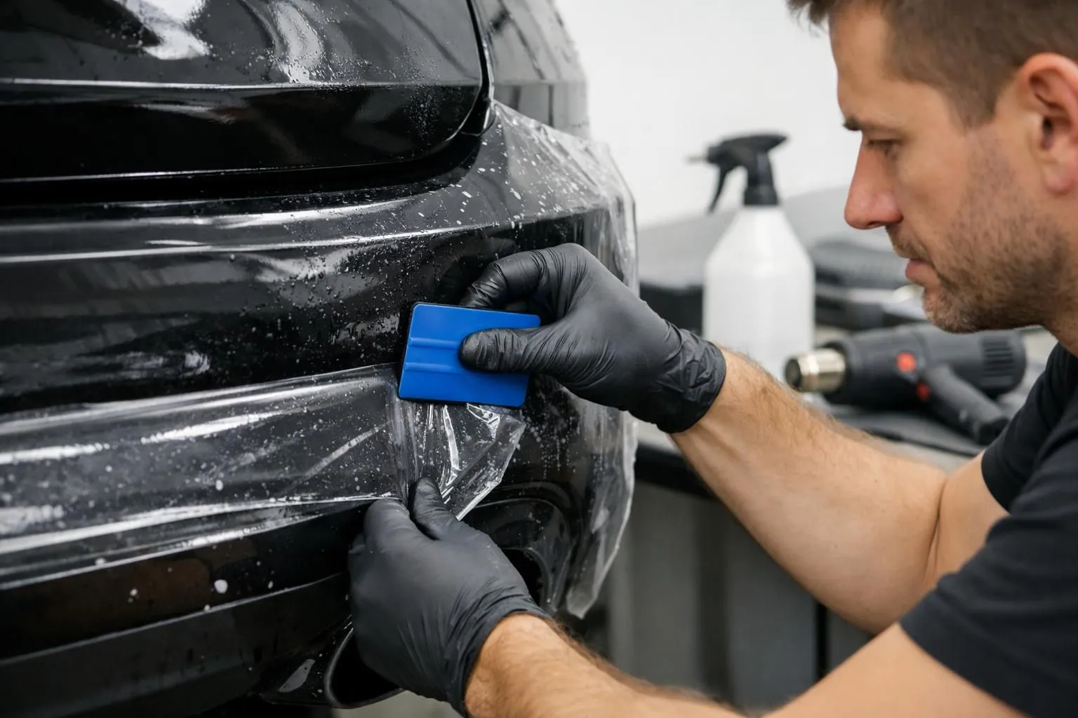 Professional technician applying transparent protective film to car bumper with squeegee tool in modern workshop, detailed installation process with spray bottle and heat gun visible on workbench
