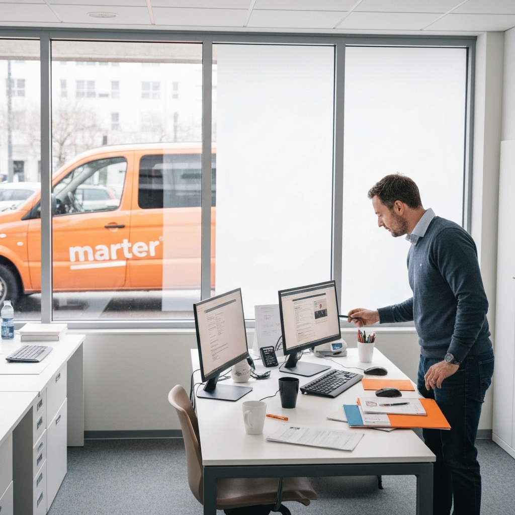 Modern Swiss business office interior with branded vehicle visible through window, professional discussing visual communication strategy with digital screens showing website designs and physical branding materials on desk
