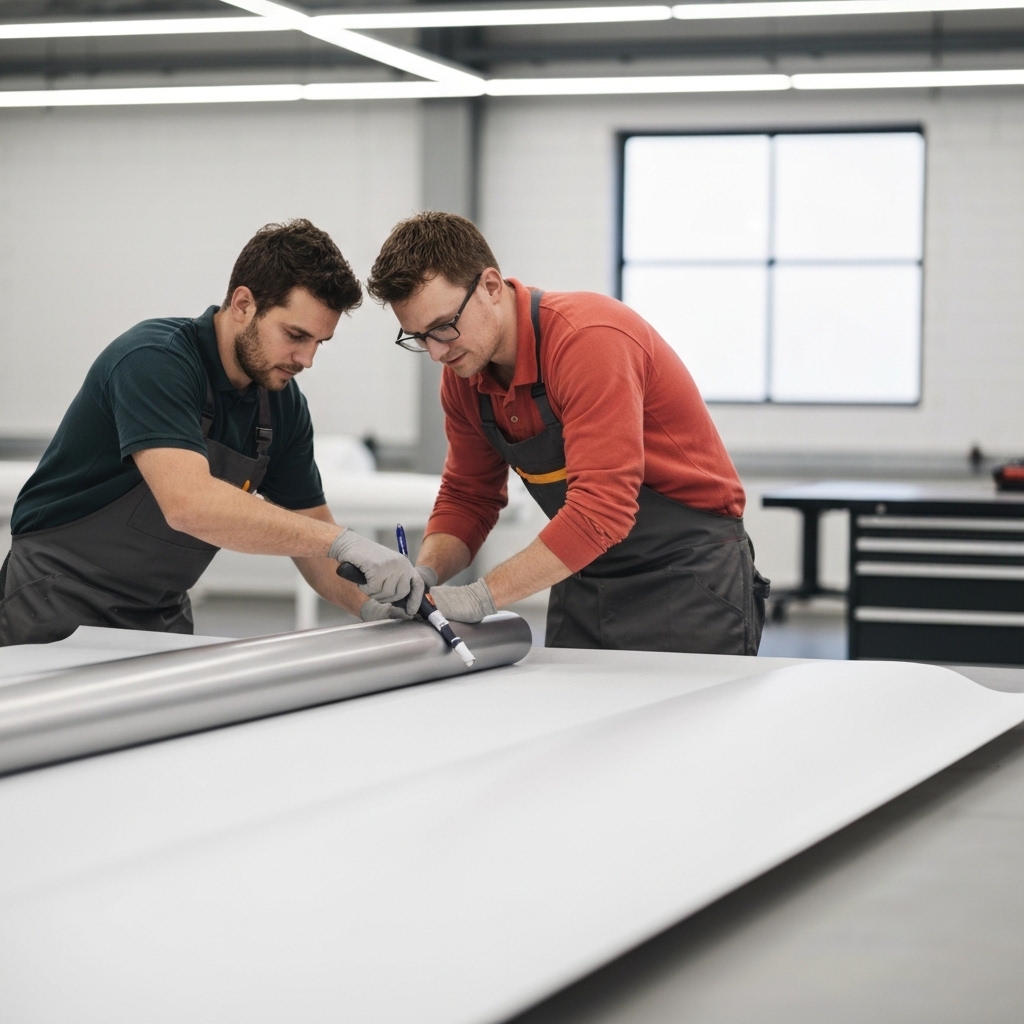 Professional installer applying vehicle wrap vinyl on company van in modern workshop, detailed close-up of hands working with precision tools