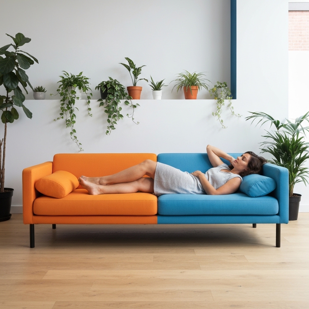 Woman relaxing on modern designer sofa in bright living room with plants and natural sunlight streaming through large windows