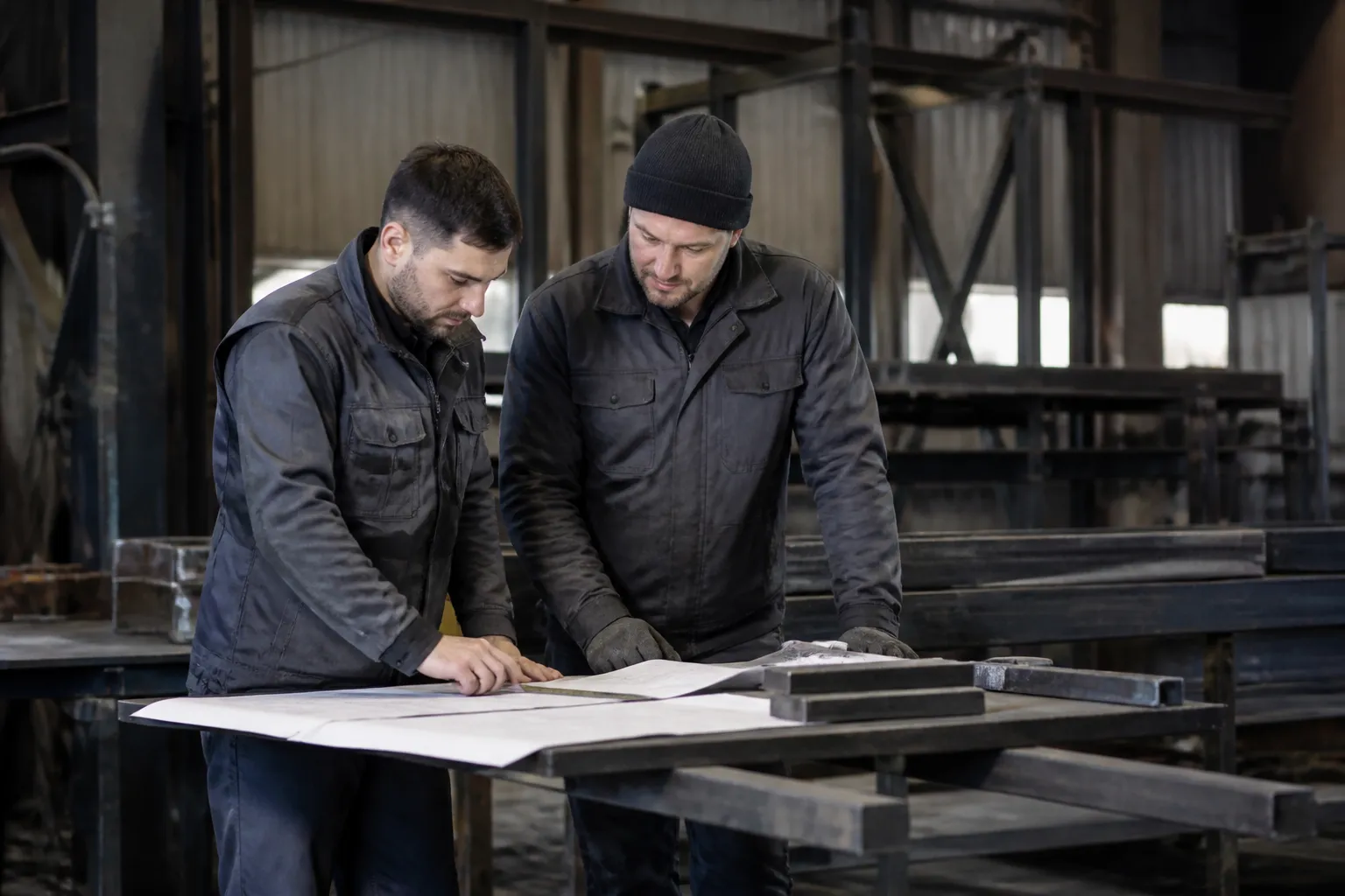 Deux hommes en tenue de travail examinent des plans dans un atelier industriel.
