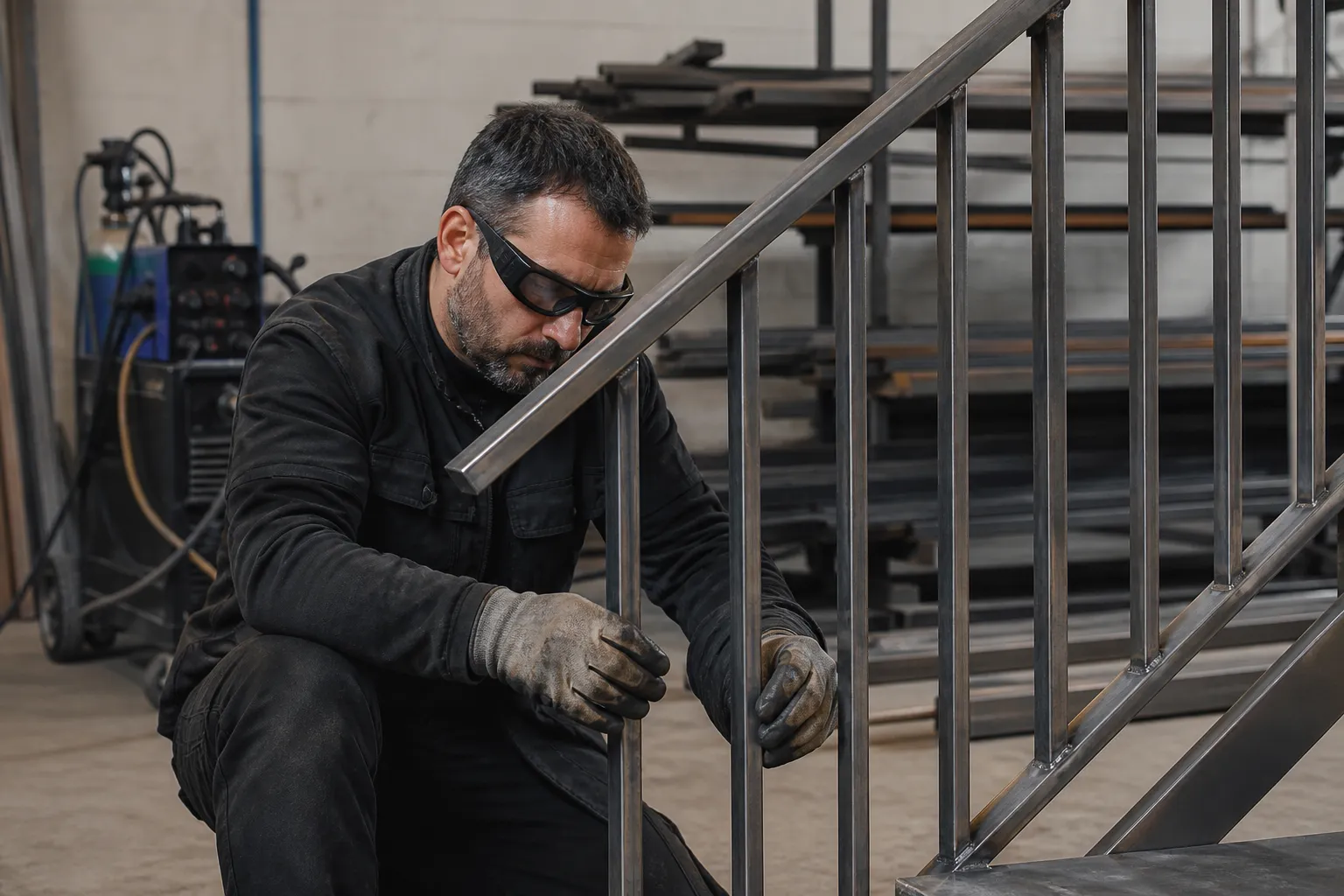 Homme en tenue de travail réparant une structure métallique.