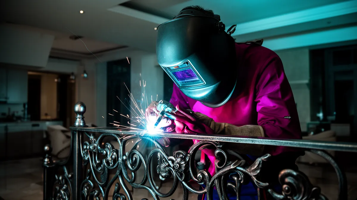 Soudeur portant un équipement de protection travaillant sur un élément décoratif en métal.
