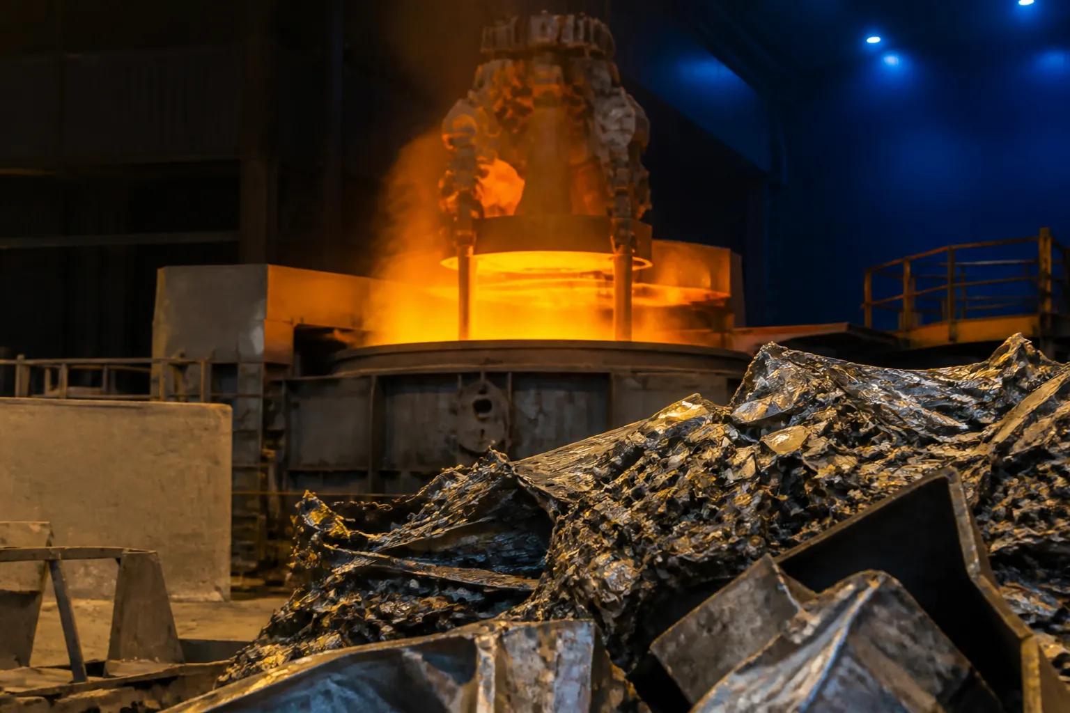 Fournaise industrielle en fusion avec des pierres brûlantes à l'avant-plan.