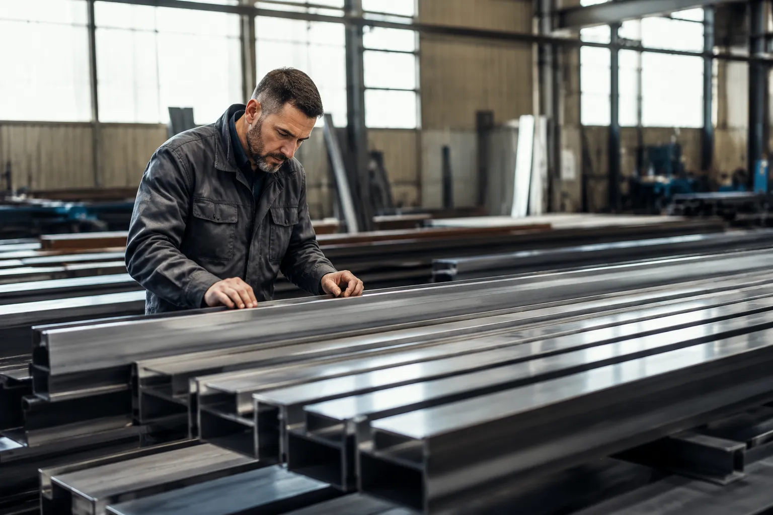 Homme travaillant dans un atelier industriel, examinant des pièces métalliques.