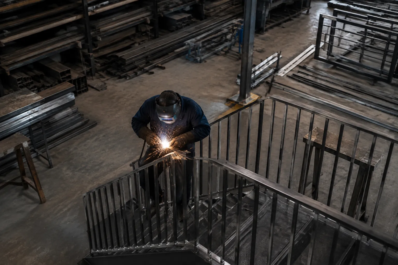 Soudeur travaillant sur une structure métallique dans un atelier industriel.