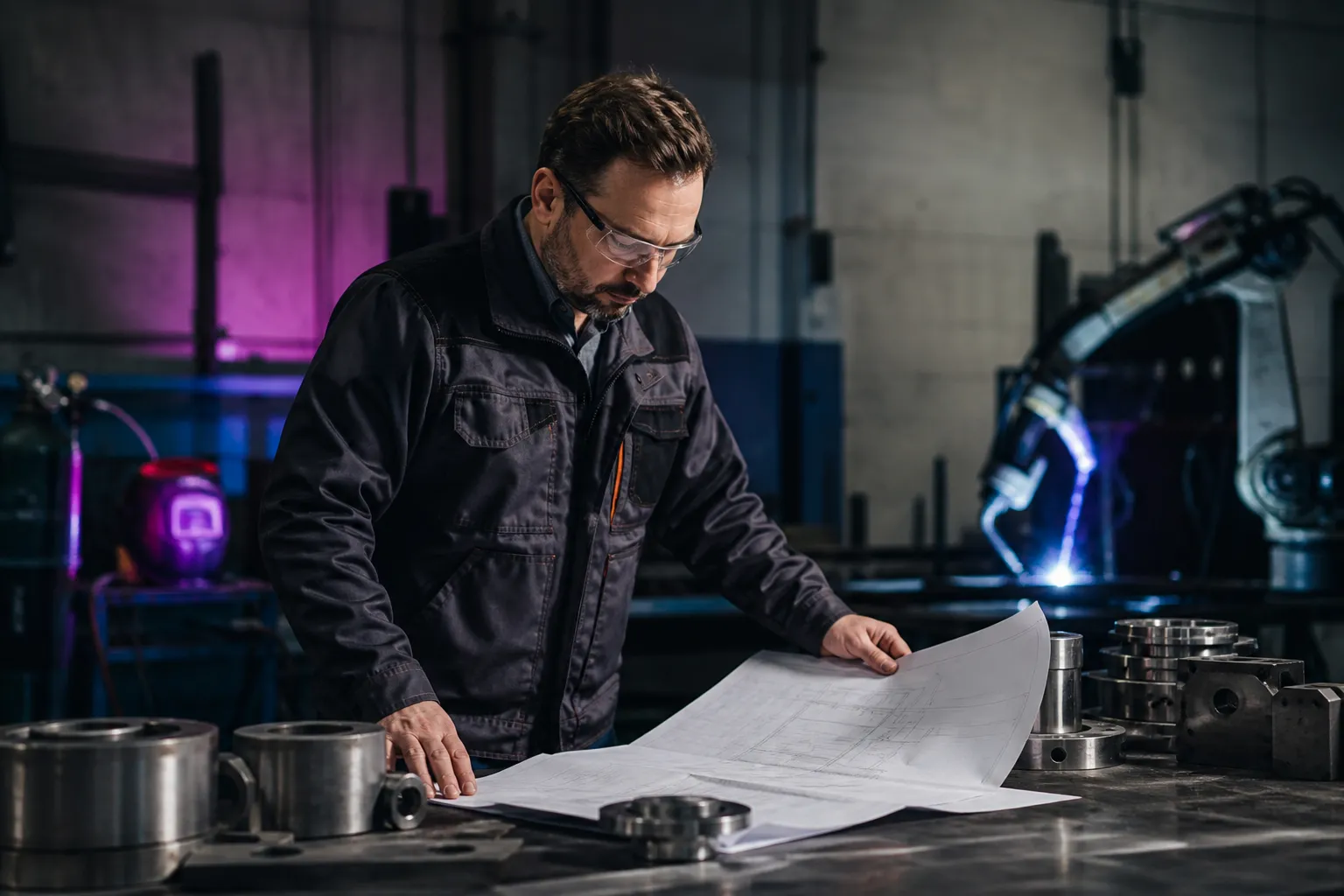 Homme en veste noire examinant des plans dans un atelier industriel.