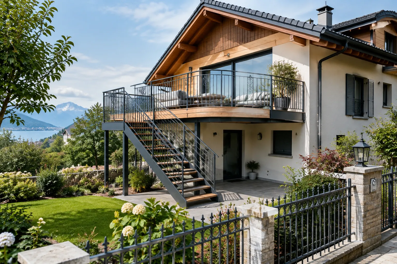 Maison alpine avec balcon, jardin et vue sur le lac.