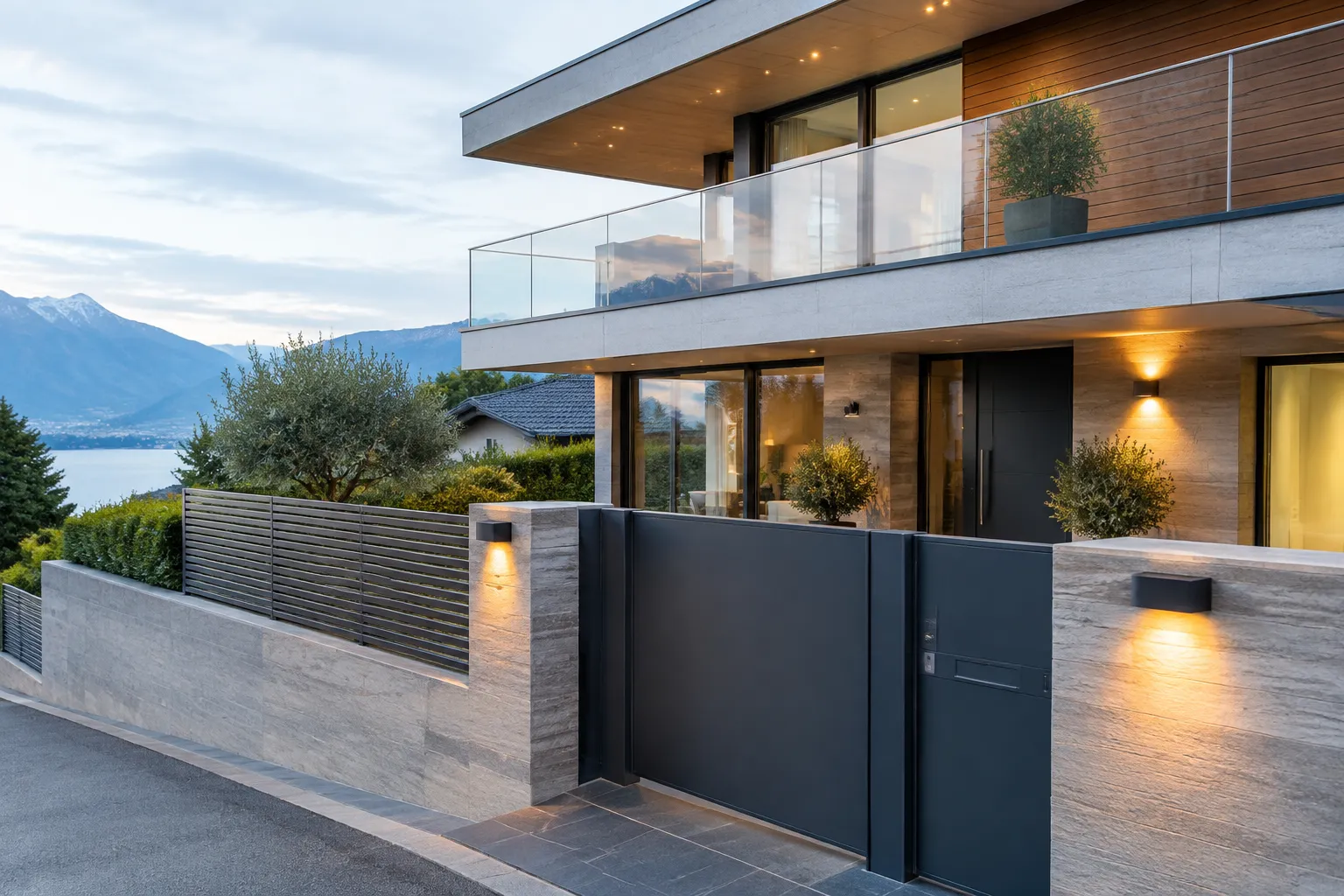 Maison moderne au bord d’un lac, montagnes en arrière-plan