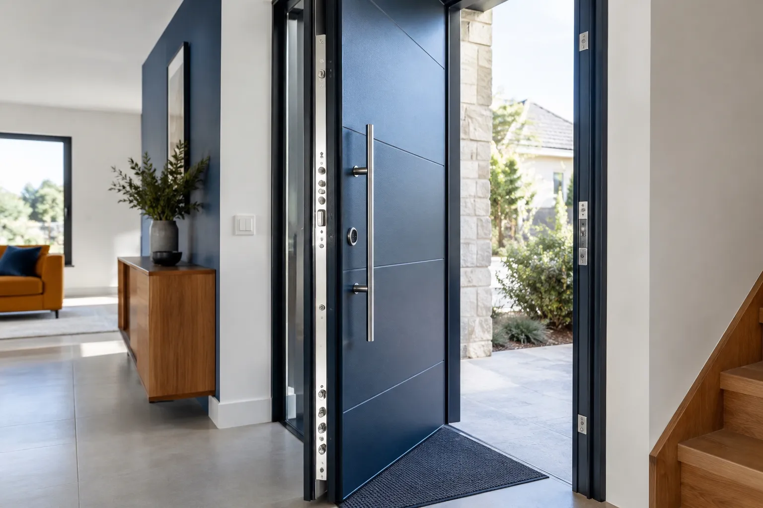 Porte d’entrée bleue moderne ouverte sur extérieur ensoleillé