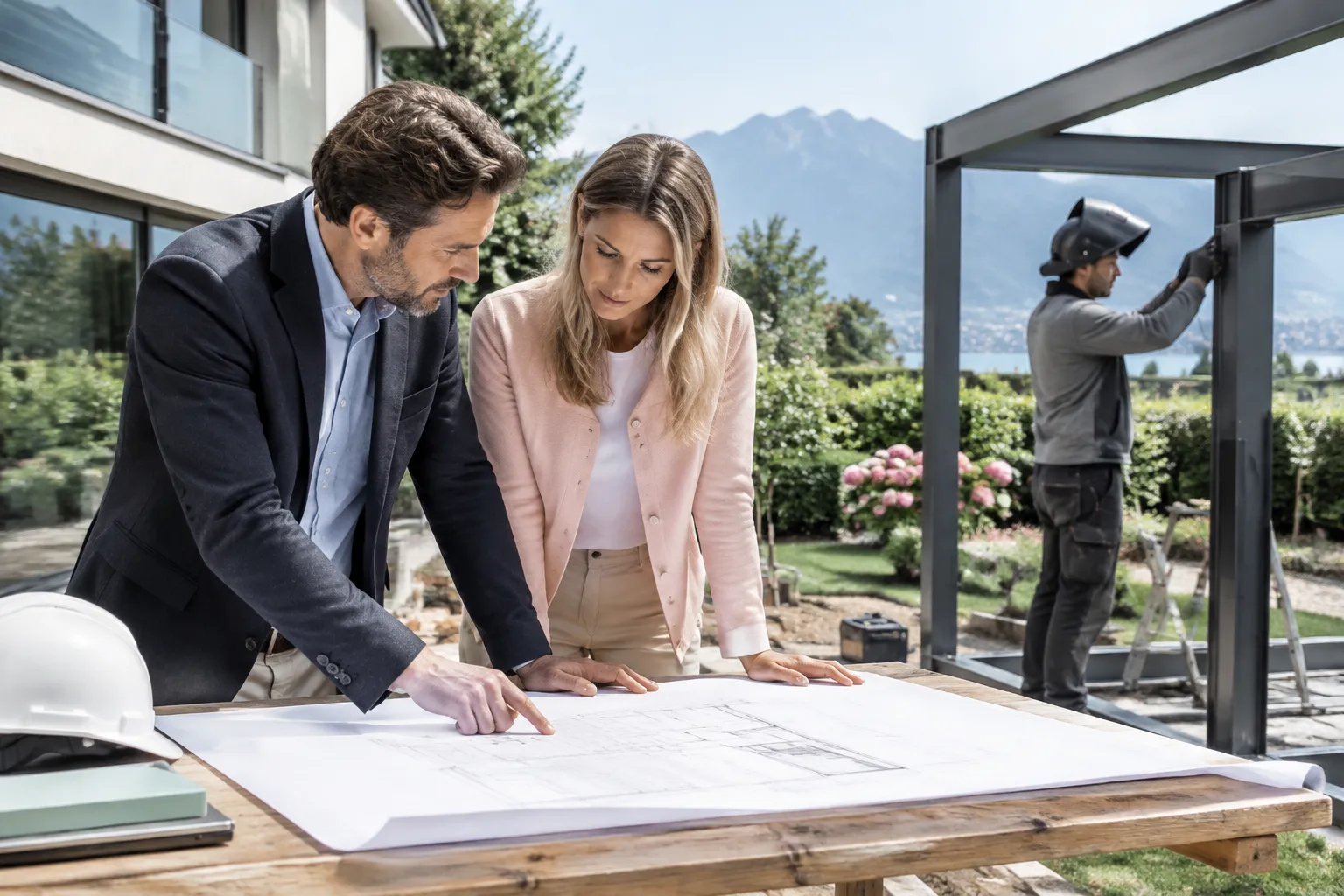 Architectes examinant des plans, chantier résidentiel avec montagnes en arrière-plan