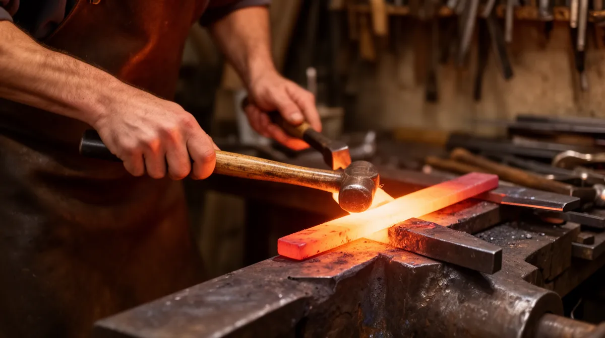 Mains d'un artisan forgeant du métal sur une enclume.