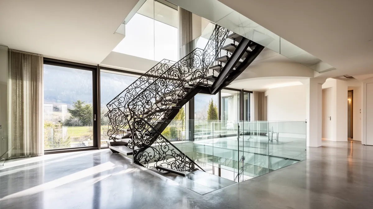 Escalier en métal forgé, sol en verre, grandes fenêtres, intérieur moderne.