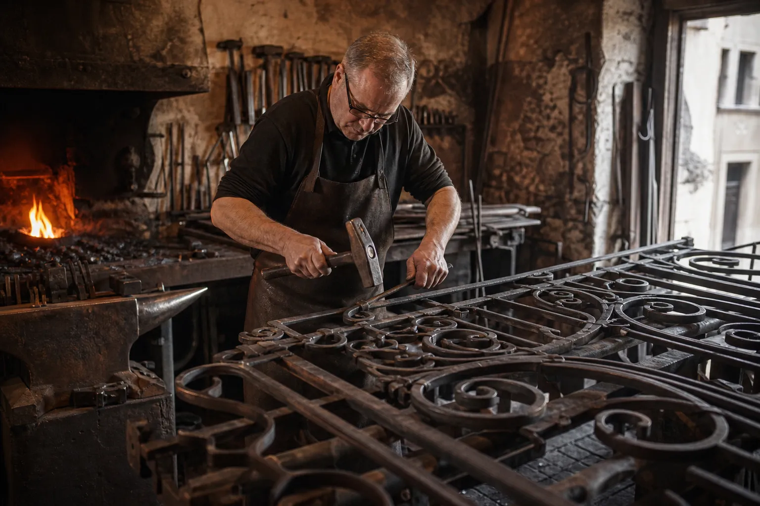 Un forgeron travaillant sur une pièce de métal ouvragée dans son atelier.