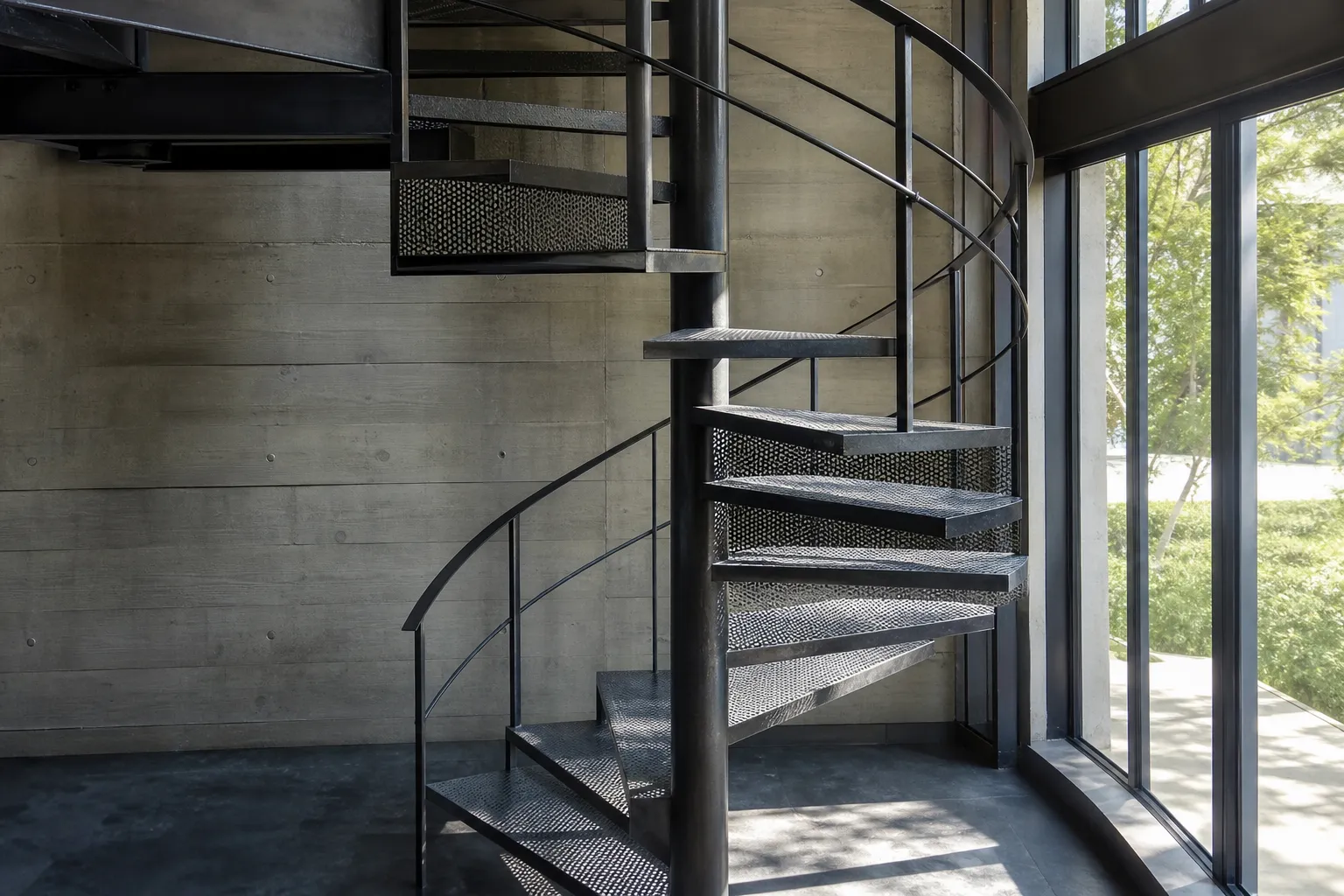 Escalier en colimaçon métallique dans un intérieur moderne.