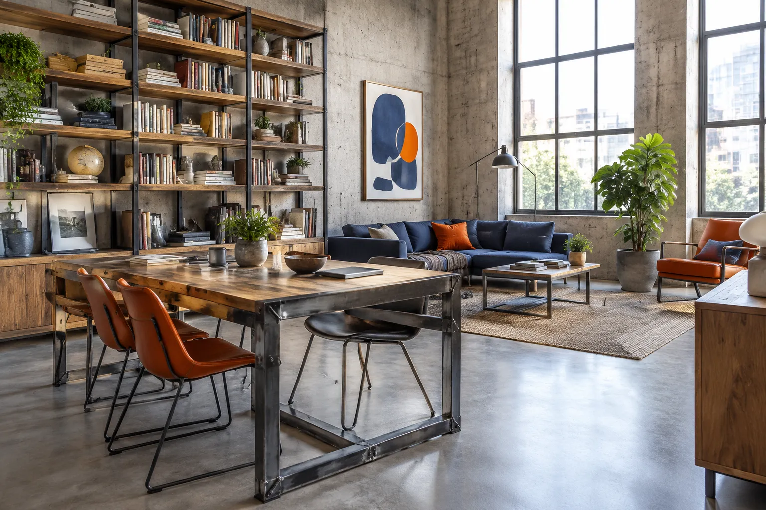 Salon industriel avec bibliothèque, table en bois et grandes fenêtres