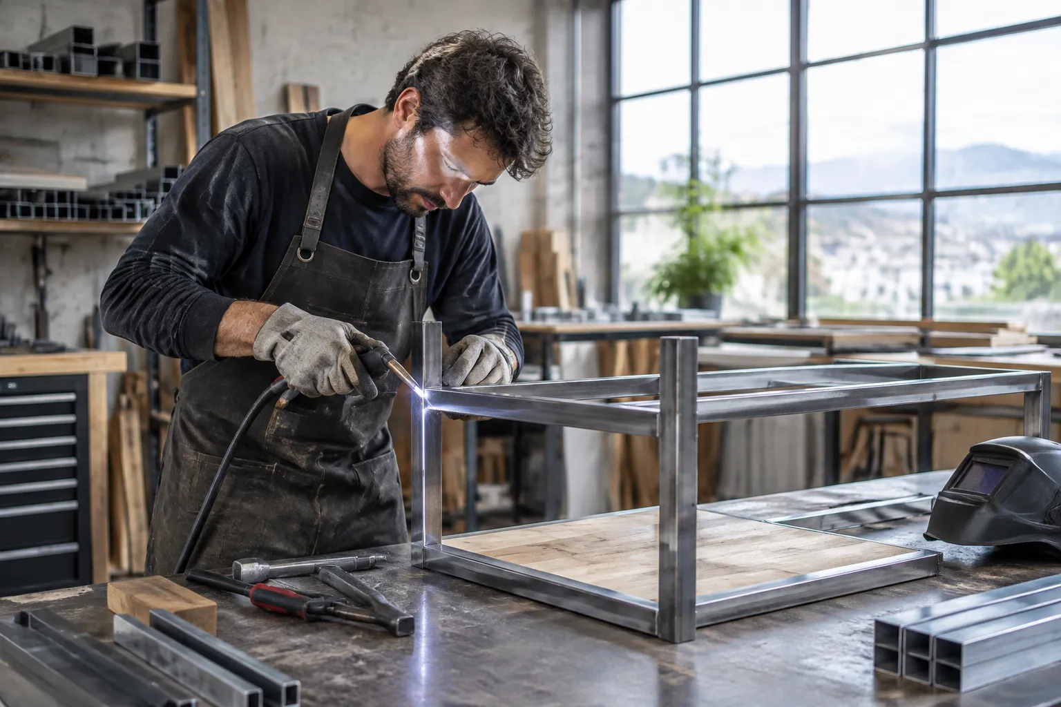 Soudeur assemblant un cadre métallique dans un atelier lumineux