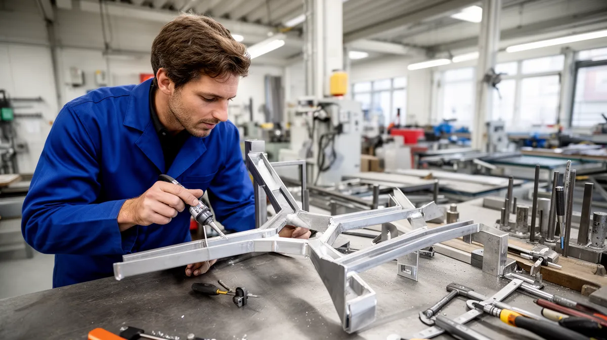 Homme en bleu travaillant sur un cadre métallique dans un atelier industriel.