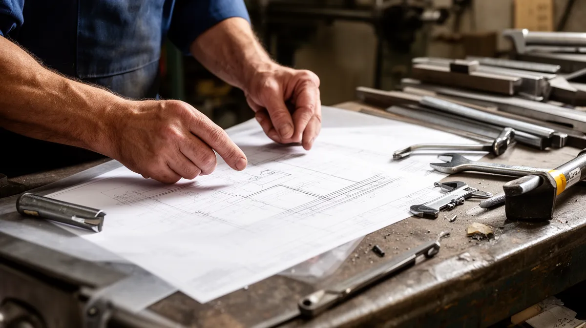 Mains d'un ouvrier examinant des plans techniques sur un établi.
