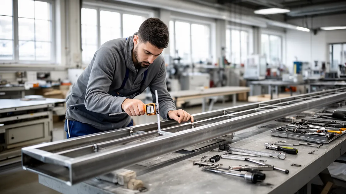 Homme travaillant sur un cadre métallique dans un atelier industriel.