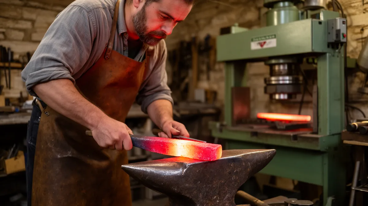 Forgeron forgeant un métal rougeoyant sur une enclume dans un atelier.
