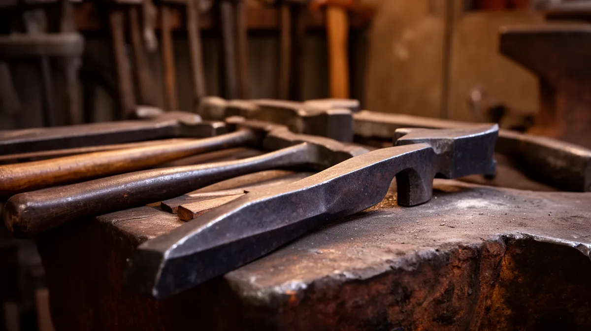 Outils de menuiserie anciens sur un établi en bois rustique.