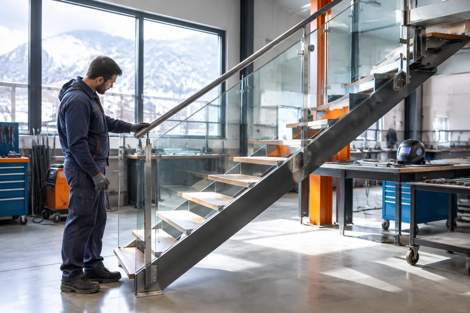 Ouvrier inspectant un escalier métallique dans un atelier industriel vitrage.