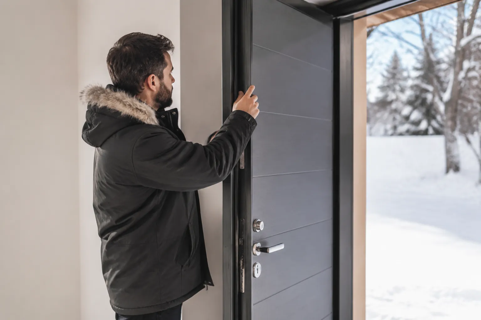 Homme en manteau d'hiver ouvrant la porte d'entrée.