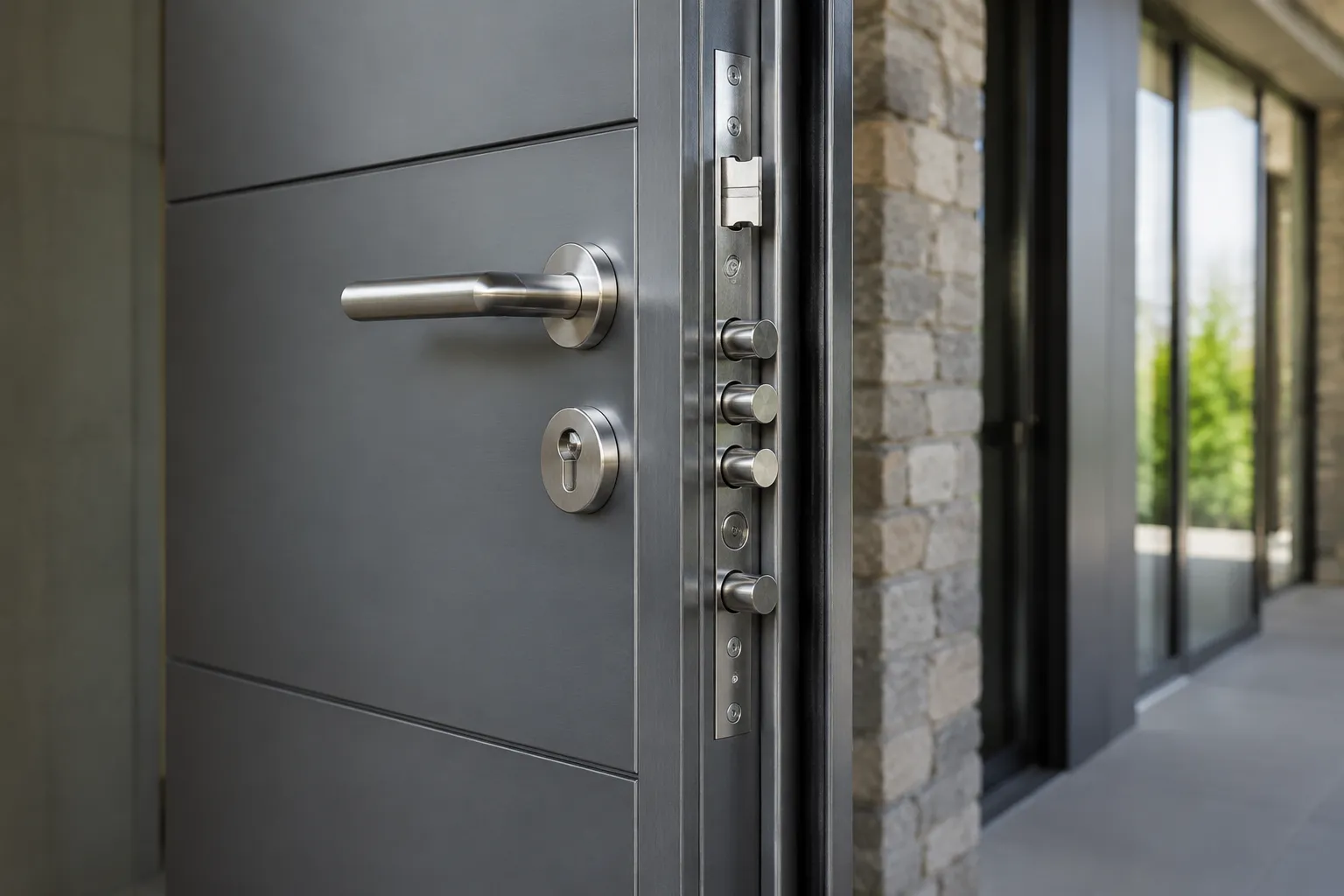 Porte d'entrée en métal gris avec poignée et serrure.