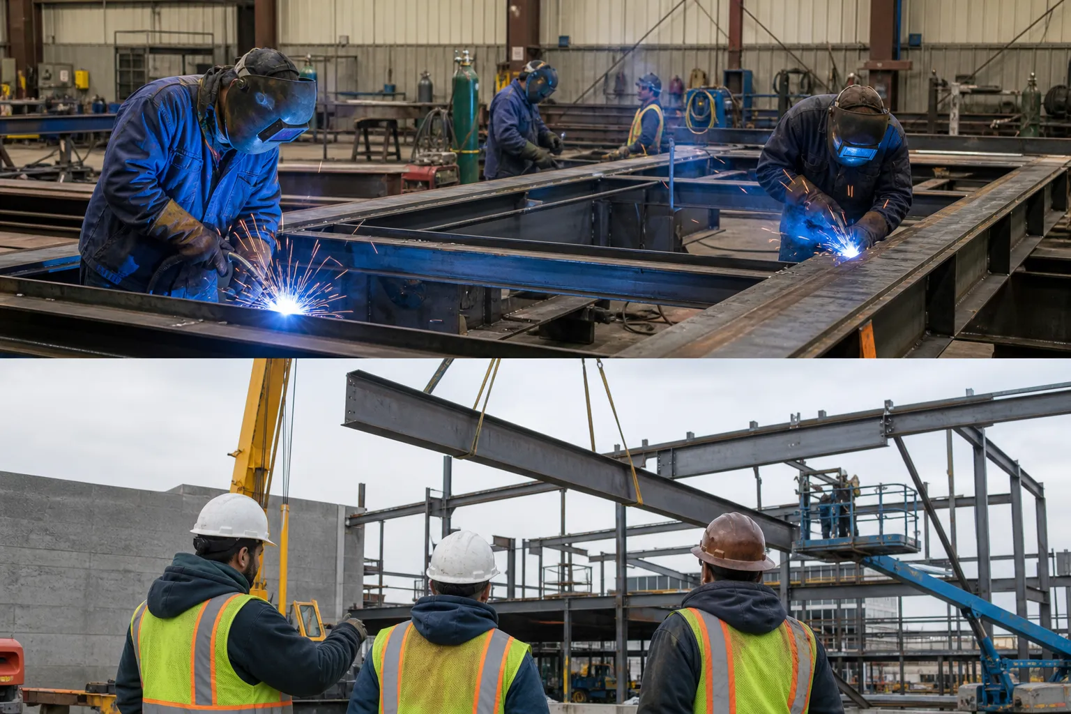 Ouvriers soudant des structures métalliques dans un atelier industriel.