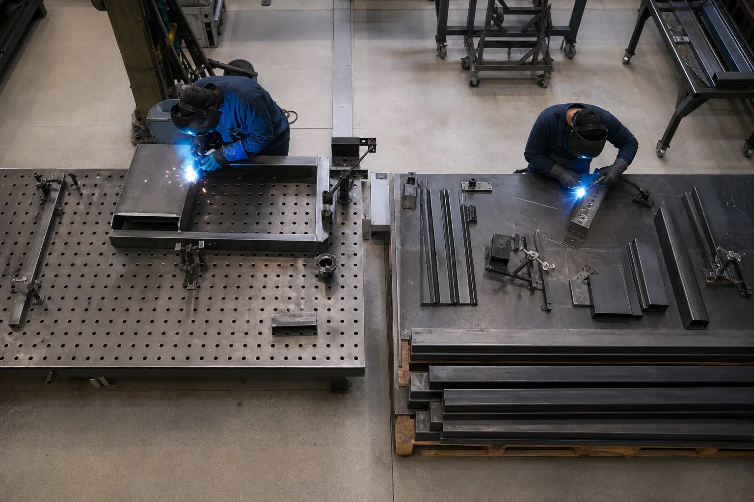 Deux soudeurs travaillant sur des pièces métalliques dans un atelier.