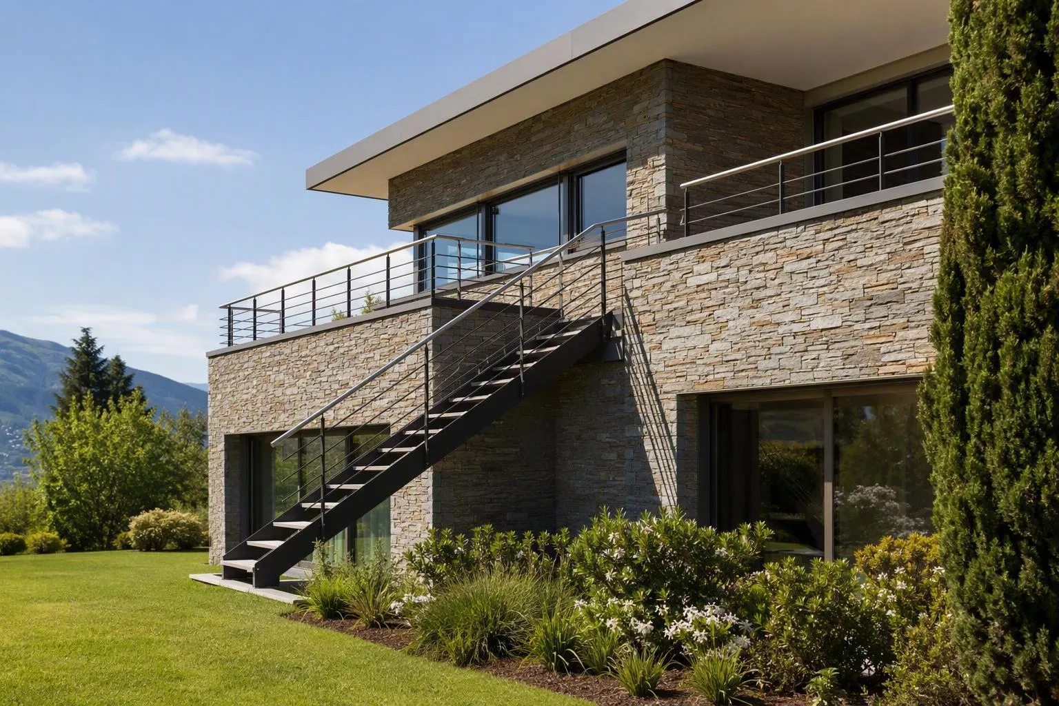 Maison moderne en pierre avec escalier extérieur et vue sur la nature.