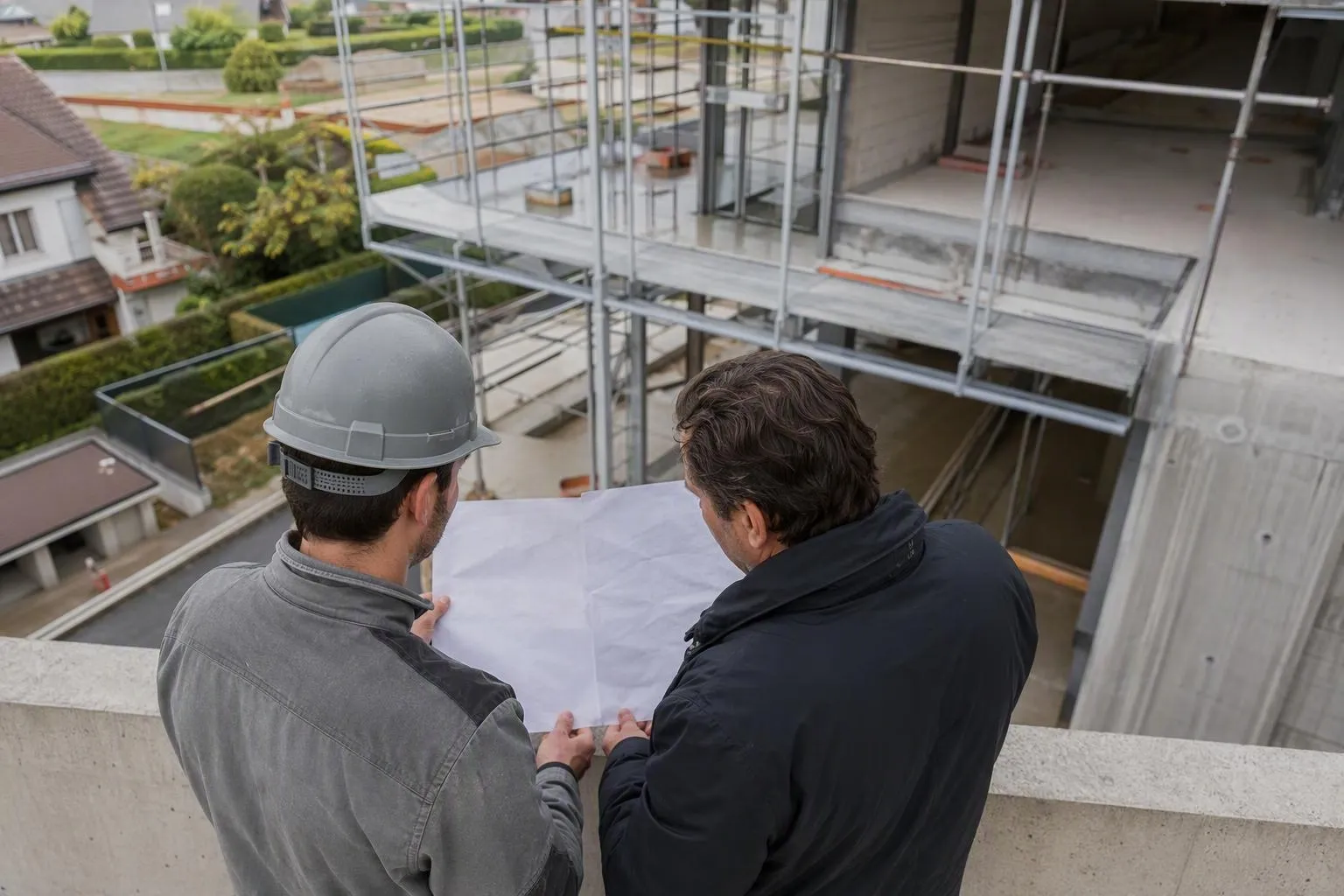 Deux hommes en casque de chantier examinent des plans sur un chantier.
