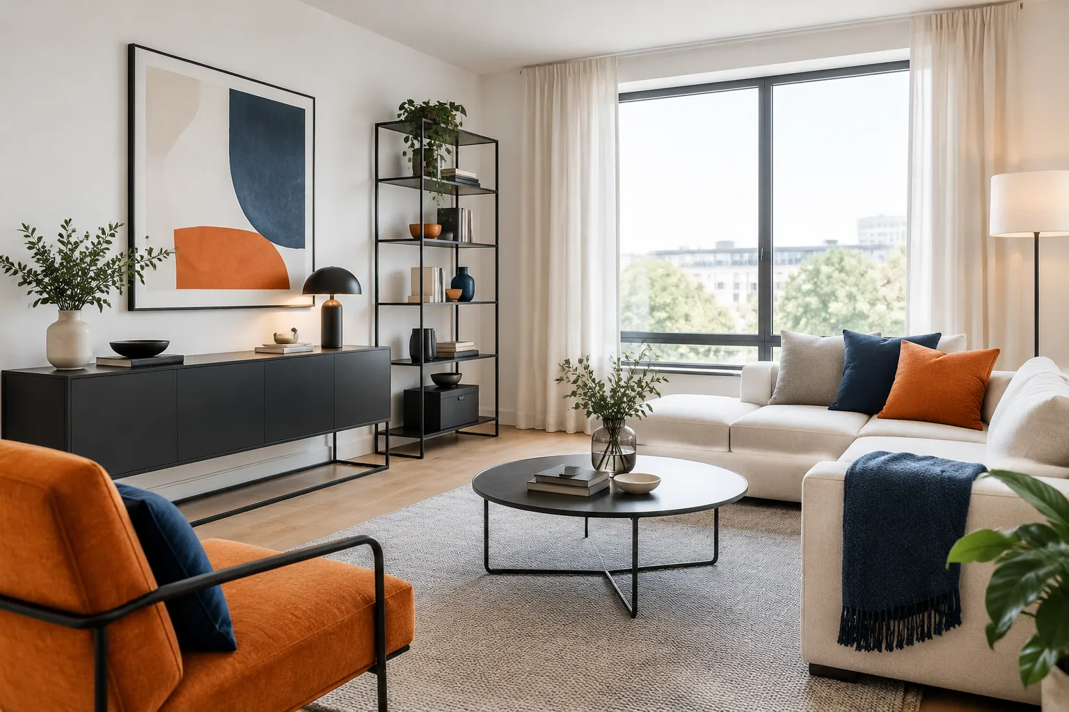 Salon moderne lumineux avec canapé blanc, fauteuil orange et plantes