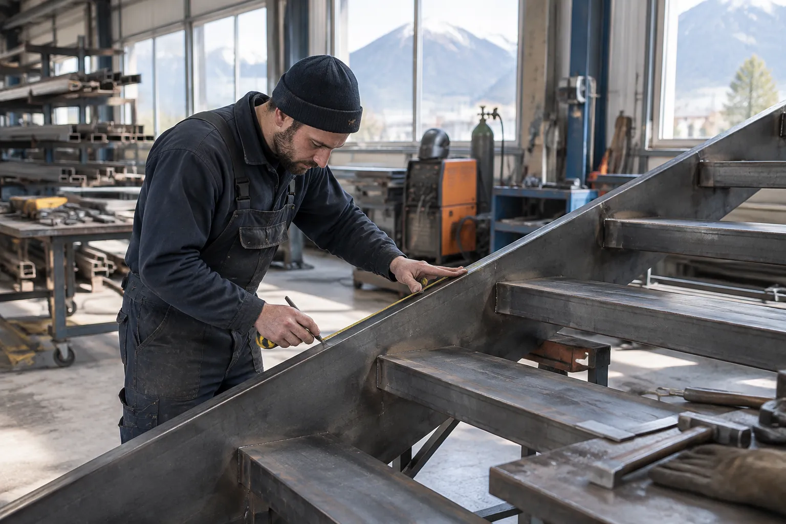 Métallurgiste mesurant une poutre d’acier dans un atelier industriel montagneux