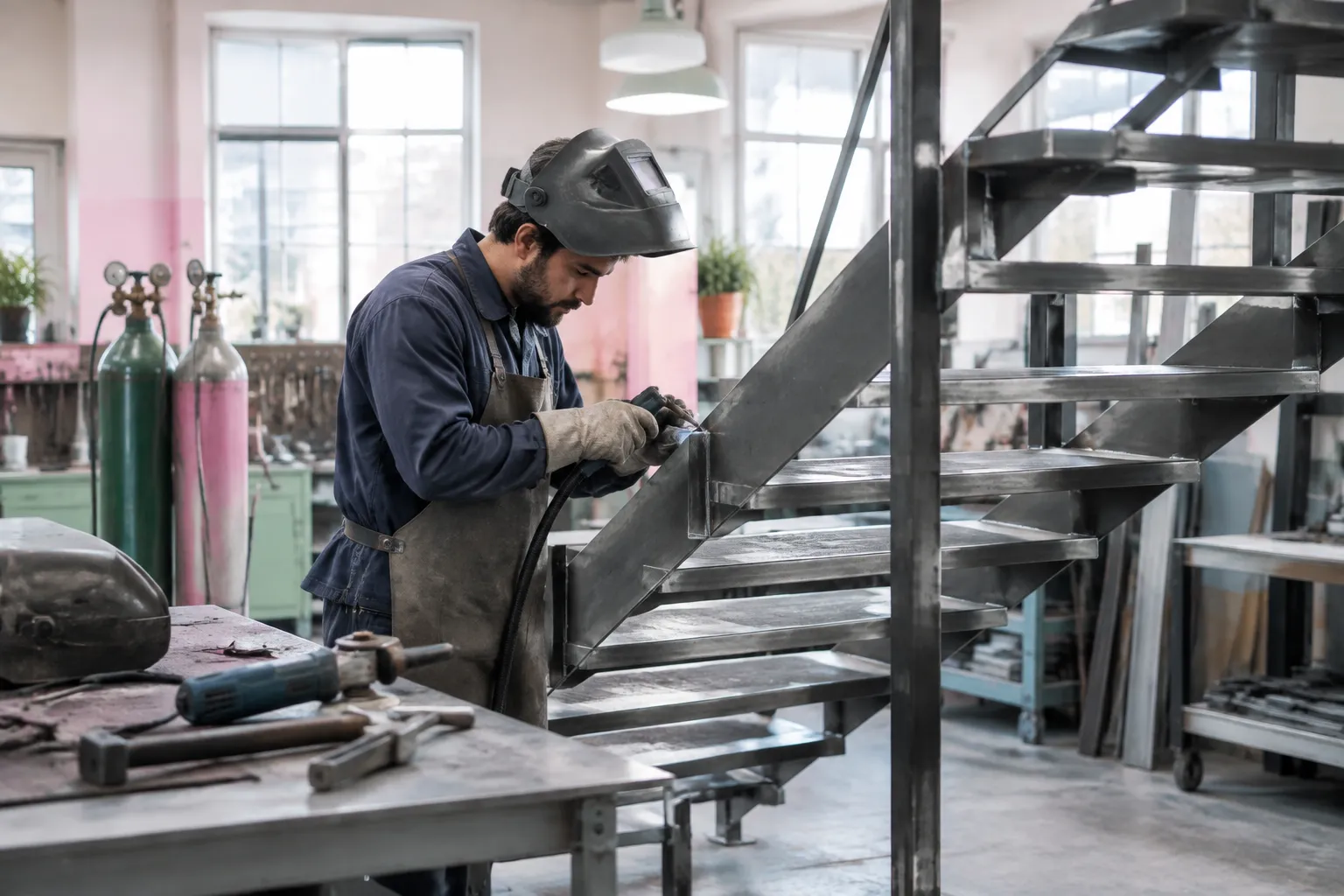 Soudeur assemblant un escalier métallique dans un atelier.