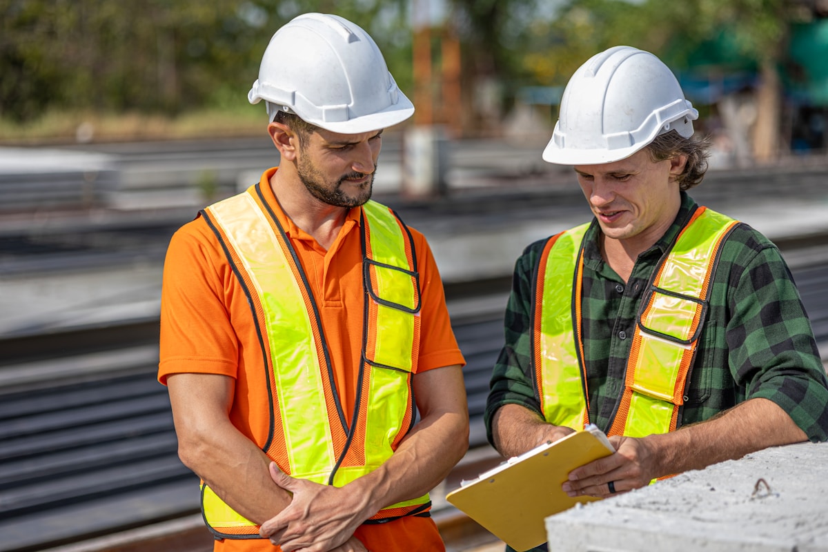 Deux travailleurs de la construction discutent et examinent des documents sur un chantier.
