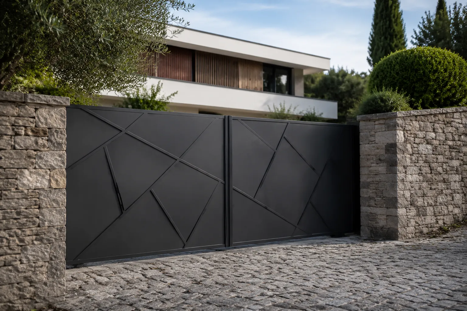 Portail d'entrée moderne en métal noir avec motifs géométriques.