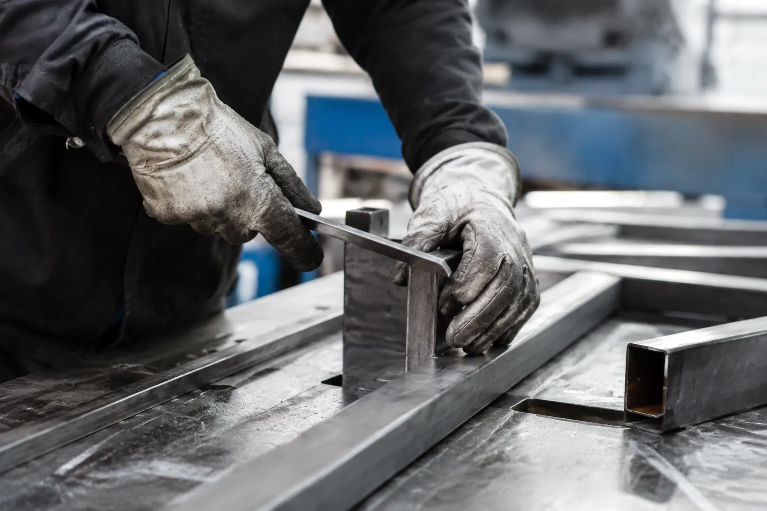 Mains gantées travaillant sur un métal dans un atelier.