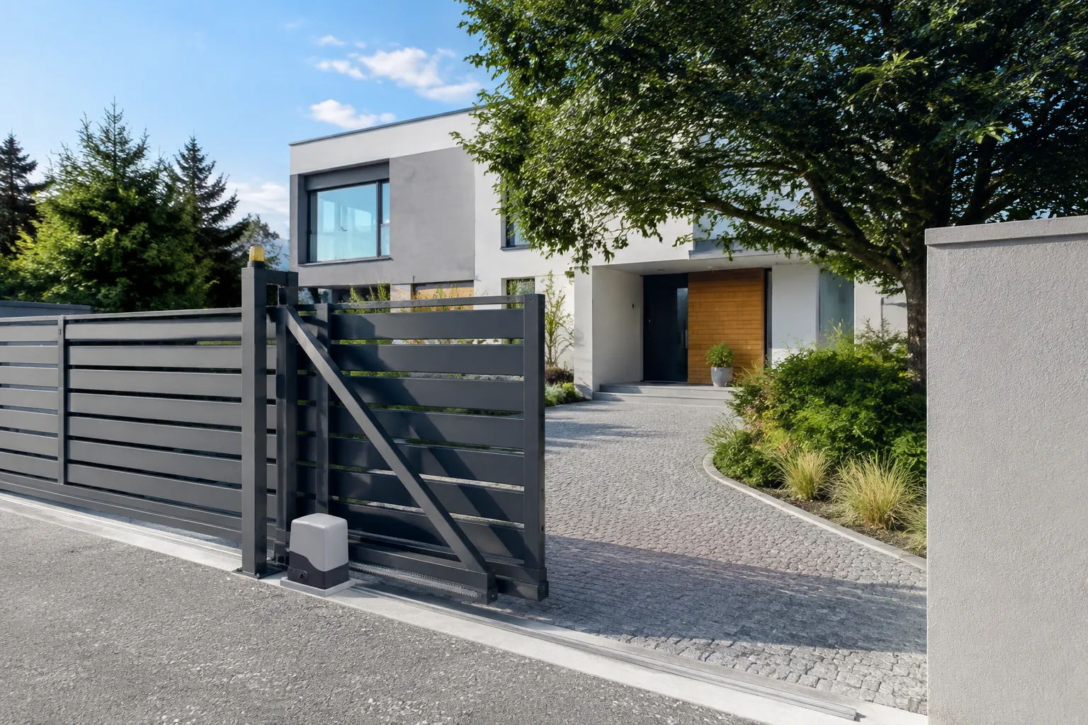 Maison moderne avec portail en métal, allée en pavés, arbres et végétation.