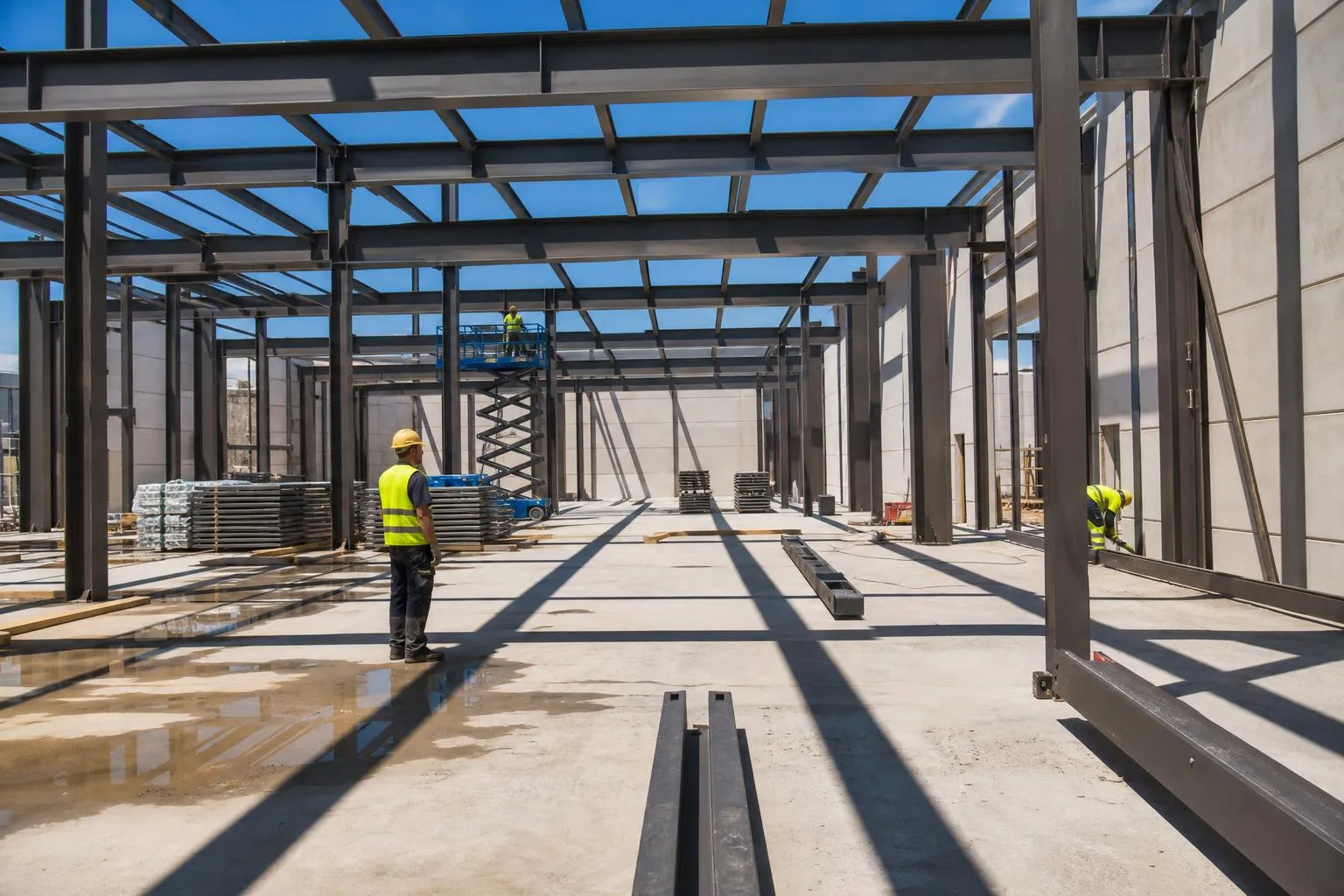 Chantier de construction avec structure métallique et ouvrier en gilet de sécurité.