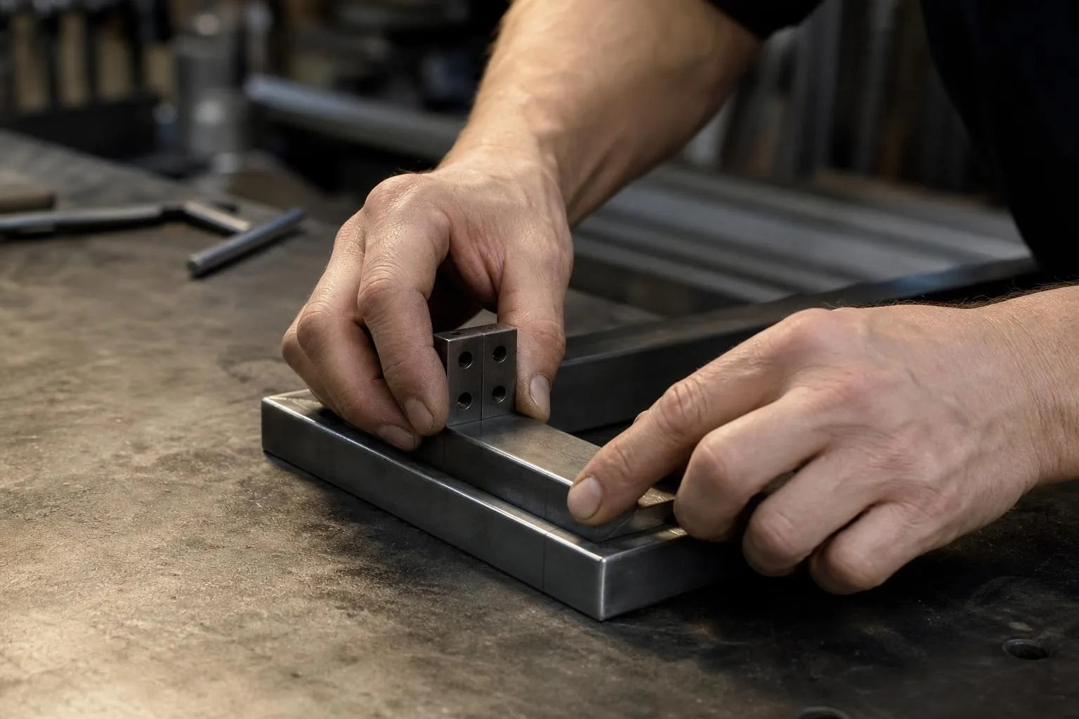 Mains d'un artisan assemblant un objet en métal sur un établi.