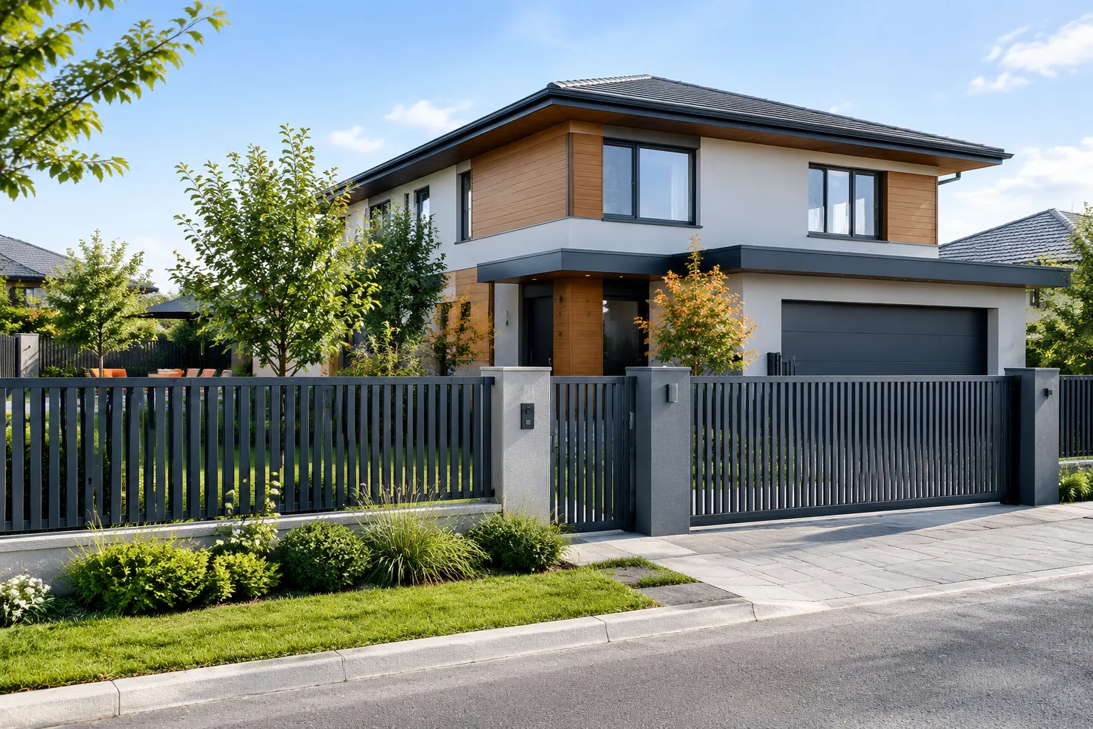 Maison contemporaine clôturée avec garage double et jardin paysager