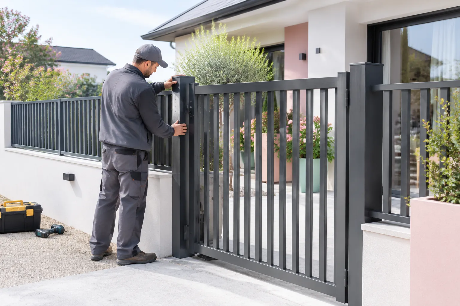 Installateur ajuste un portail coulissant en aluminium noir.