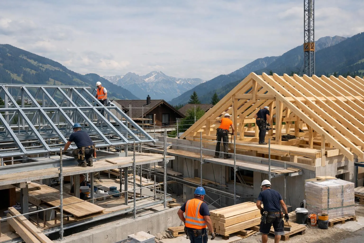 Chantier de construction avec ouvriers en montagne.