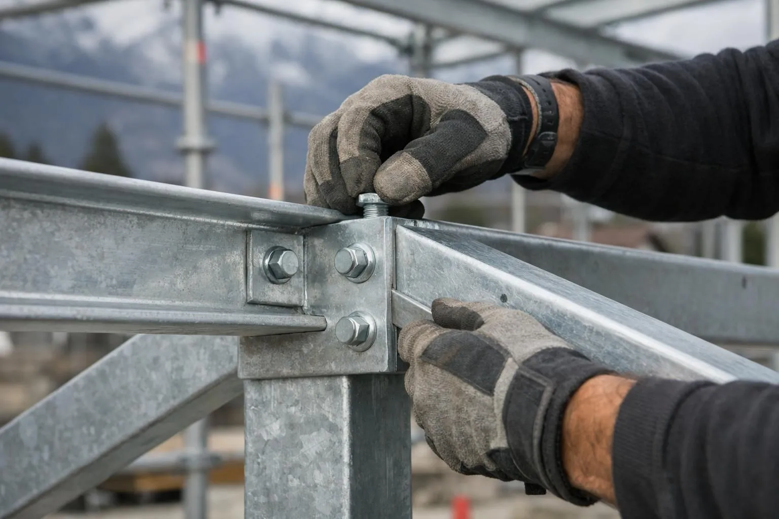 Mains gantées serrant des boulons sur une structure métallique.