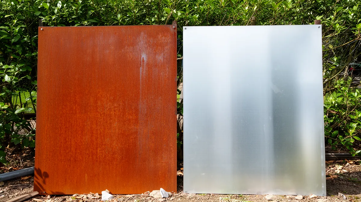 Deux panneaux métalliques, l'un rouillé et l'autre brillant, devant un fond de verdure.